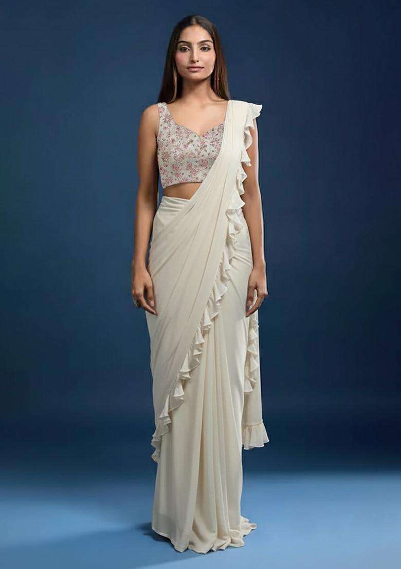 Off White Poly Blended Solid Pre draped saree Set With Floral Embroidered Blouse - Indya