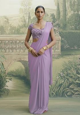 Purple Embroidery Net Pre draped saree Set