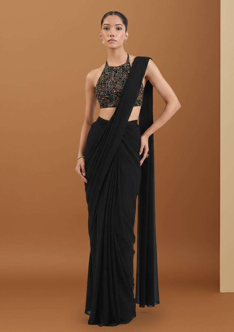 Deep Black Velvet Solid Pre draped saree Set With Embroidery Blouse - Indya