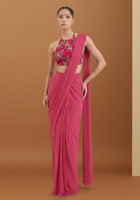 Fuchsia CREPE Solid Pre draped saree Set With Floral Embroidery Blouse
