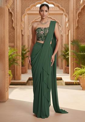 Forest Green Crepe Solid Pre draped saree Set With Embroidery Blouse