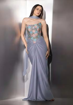 Dusty Blue Floral Print Crepe Fusion Set