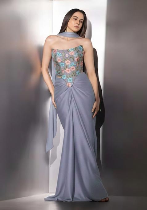 Dusty Blue Floral Print Crepe Fusion Set