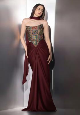 Brown Figure Print Crepe Fusion Set