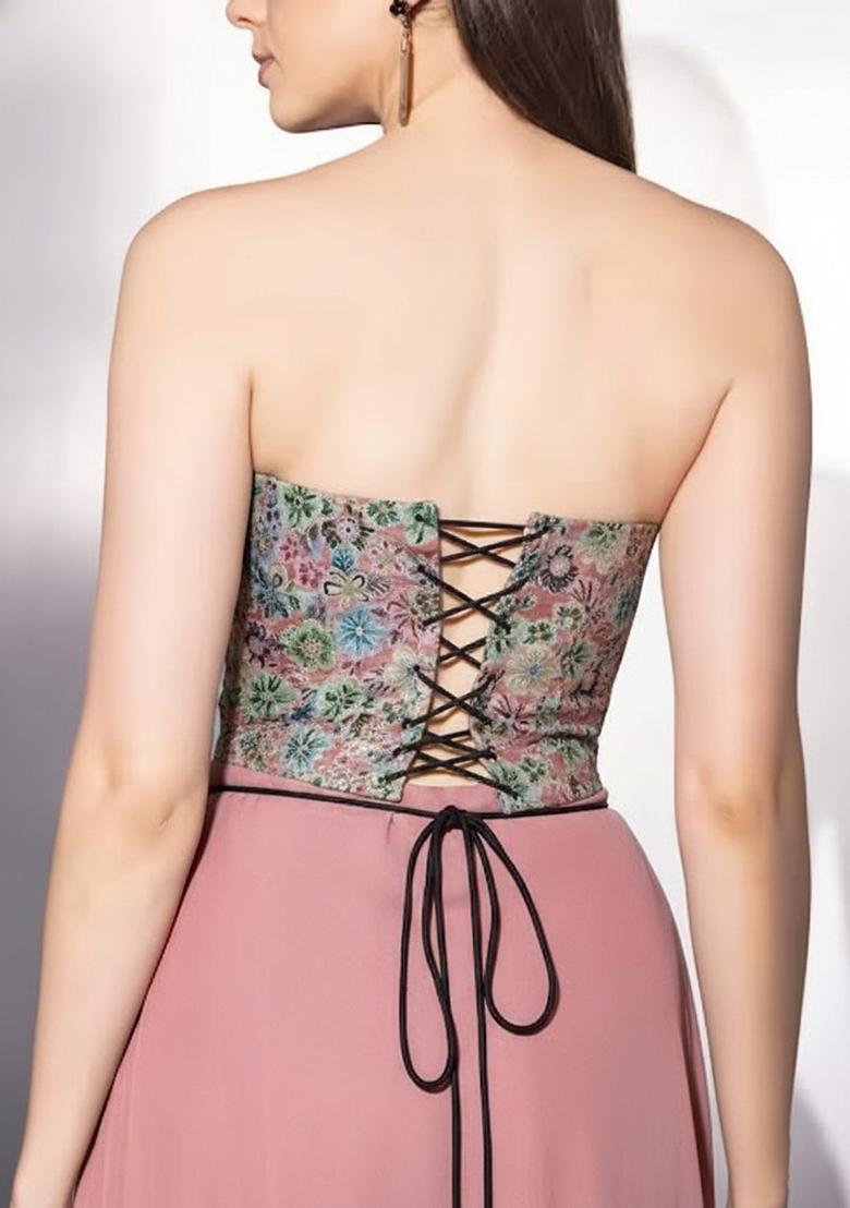 Pink Floral Print Crepe Fusion Set - Indya