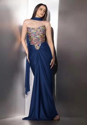 Navy Blue Embroidered Crepe Fusion Set