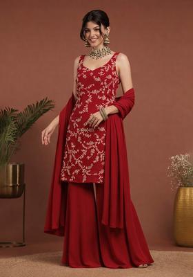 Red Embroidered Crepe Sharara Set