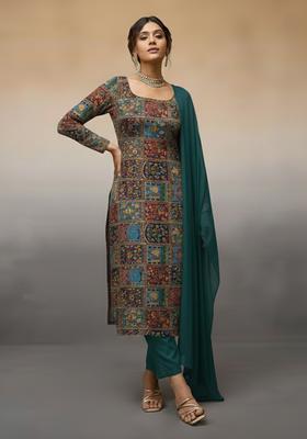 Teal Green Printed Crepe Pakistani Suit Set