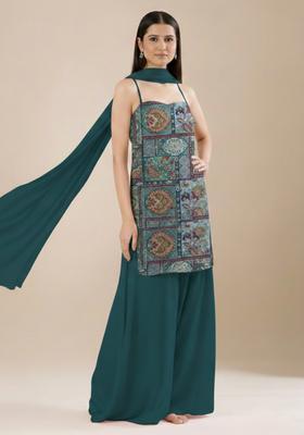 Teal Green Figure Print Sharara Set