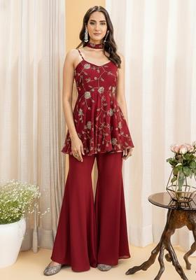 Red Embroidered Silk Blend Sharara Set