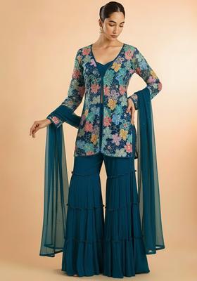 Teal Blue Embroidered Crepe Sharara Set