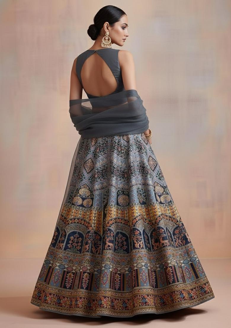 Grey Embroidered Crepe Lehenga Set - Indya