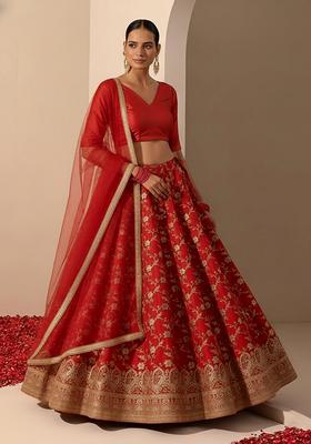 Red Embroidered Tissue Lehenga Set