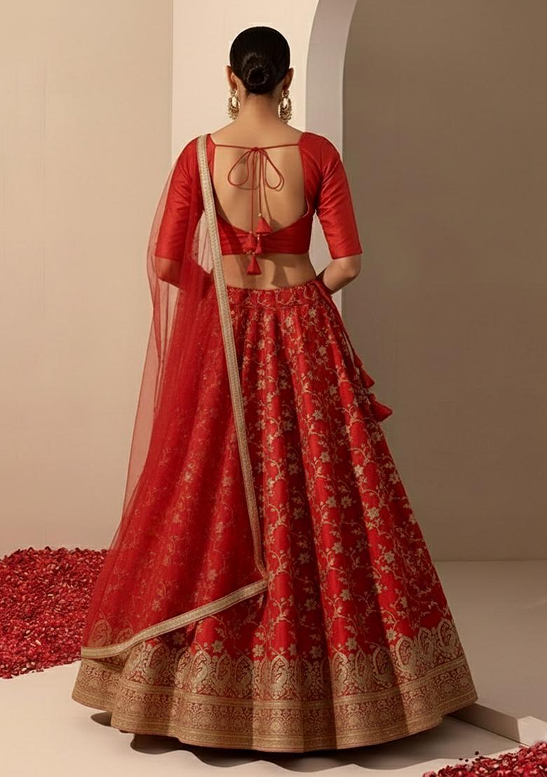 Red Embroidered Tissue Lehenga Set - Indya