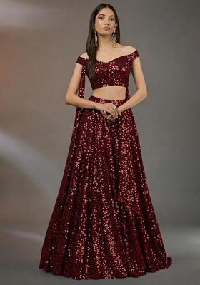 Red Sequin Net Lehenga Set