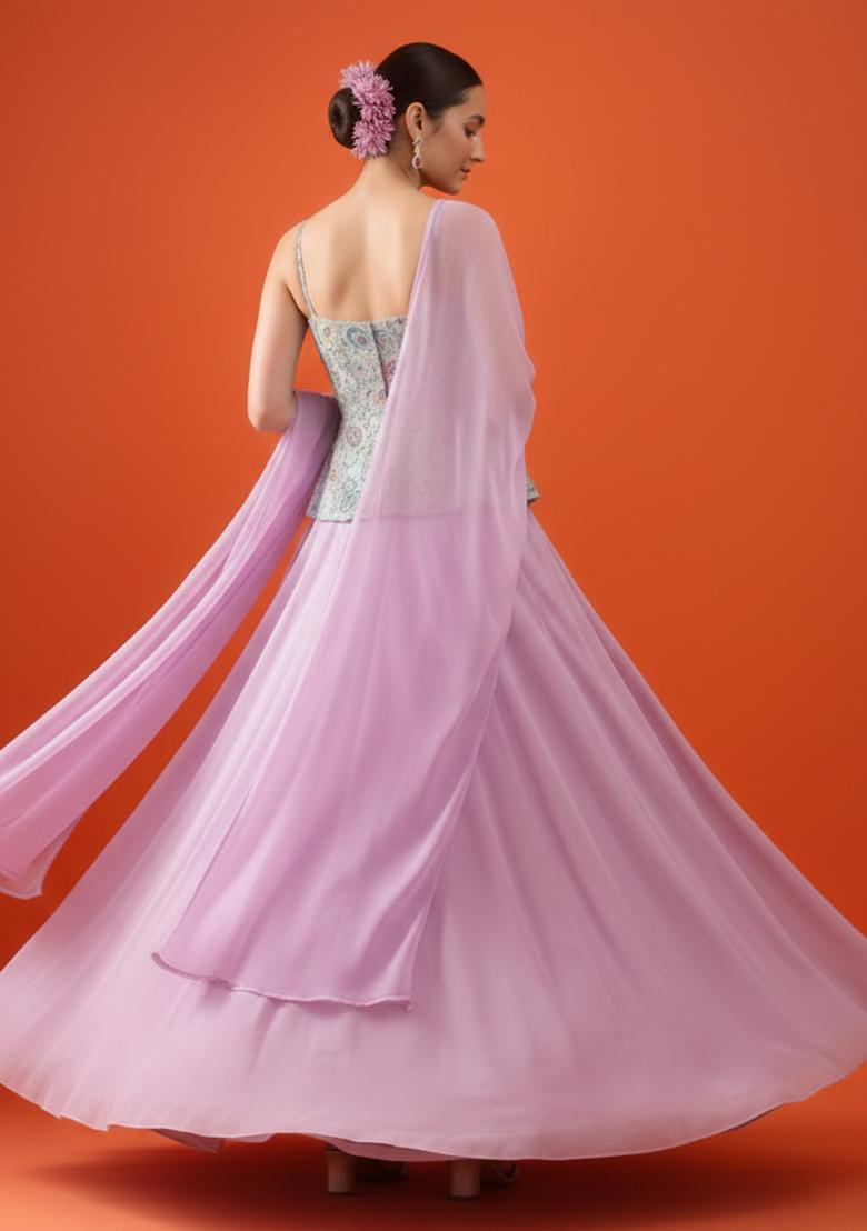Pink Embroidered Tissue Lehenga Set - Indya