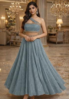 Dusty Blue Sequin Embellished Shimmer Lehenga Set 