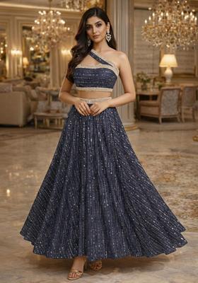 Deep Navy Sequin Embellished Shimmer Lehenga Set 