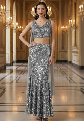 Silver Grey Sequin Embellished Net Lehenga Set 
