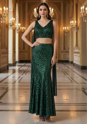 Emerald Green Sequin Net Lehenga Set 