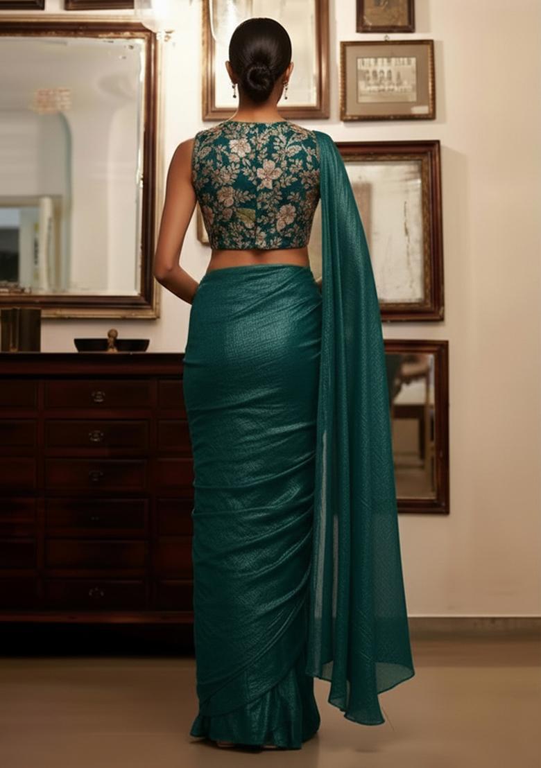 Blue Floral Print Crepe Pre Draped Saree Set - Indya