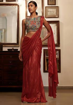 Red Figure Print Crepe Pre Draped Saree Set