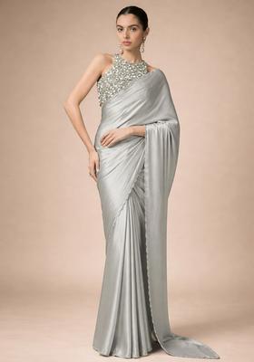 Grey Sequin Net Pre Draped Saree Set