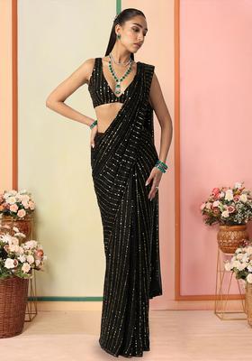 Black Embellished Net Pre Draped Saree Set