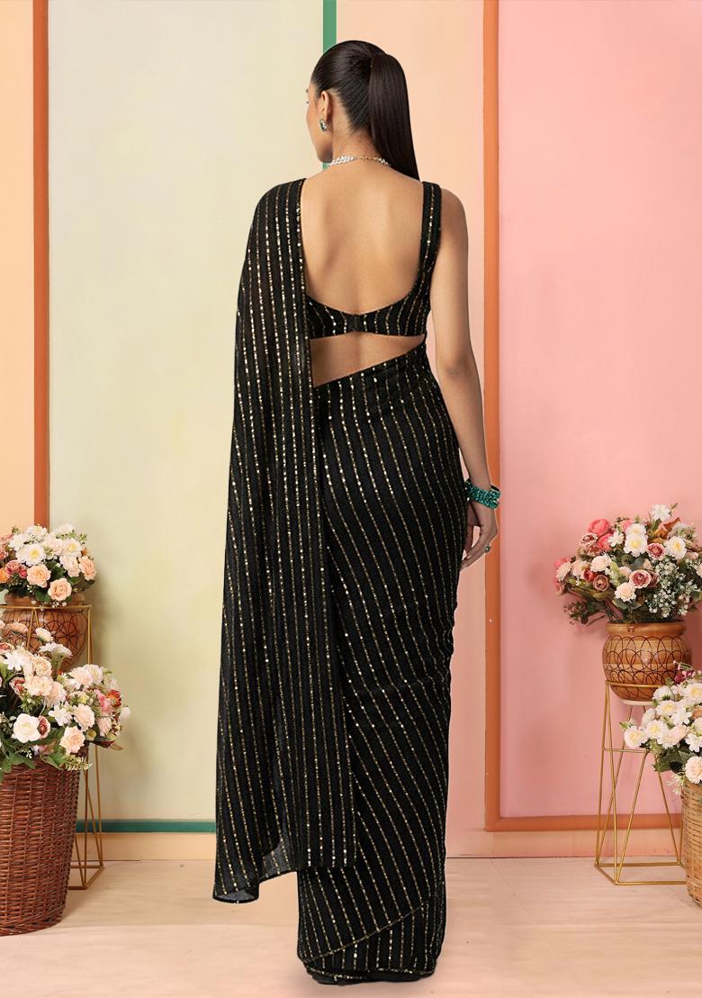 Black Embellished Net Pre Draped Saree Set - Indya