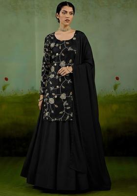 Black Embroidered Silk Blend Sharara Set