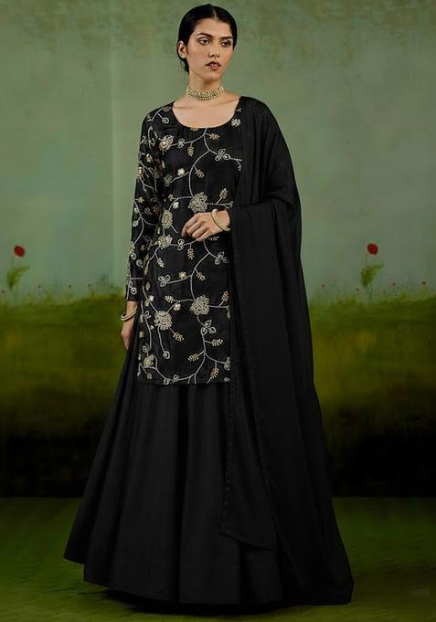 Black Embroidered Silk Blend Sharara Set