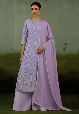 Lavender Embroidered Net Pakistani Suit Set