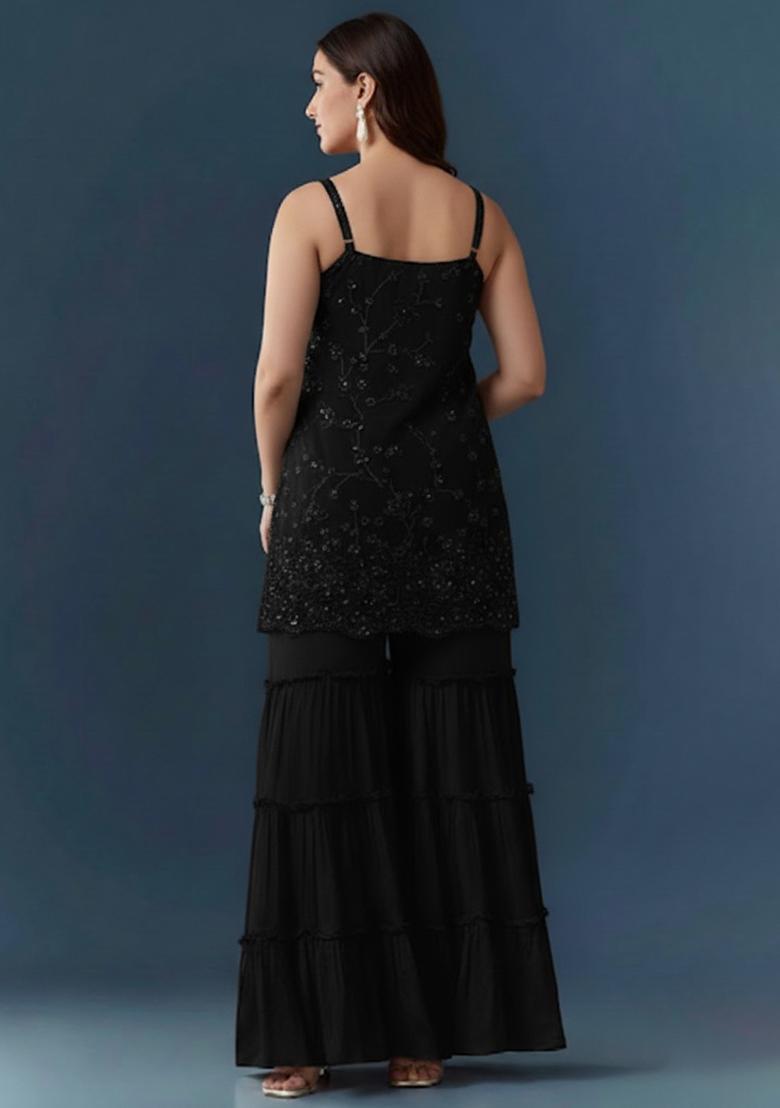 Jet Black Sequin Work Georgette Sharara Set - Indya