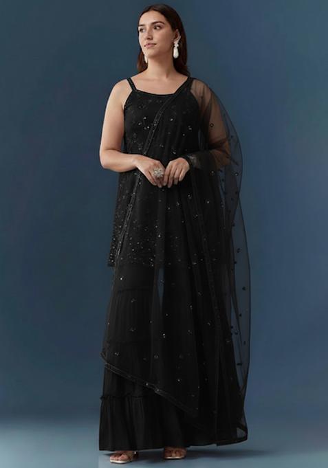 Jet Black Sequin Work Georgette Sharara Set