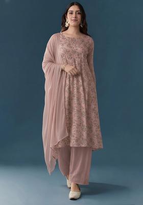 Dusty Rose Printed Linen A Line Kurta Set