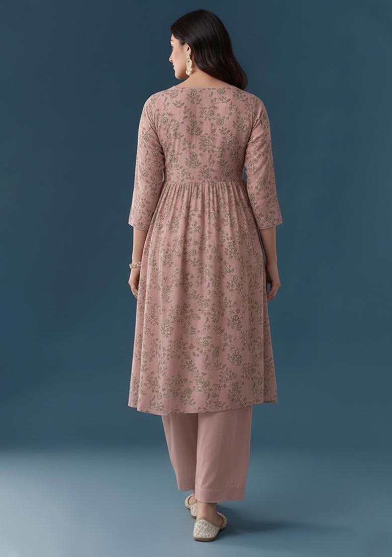 Dusty Rose Printed Linen A Line Kurta Set - Indya