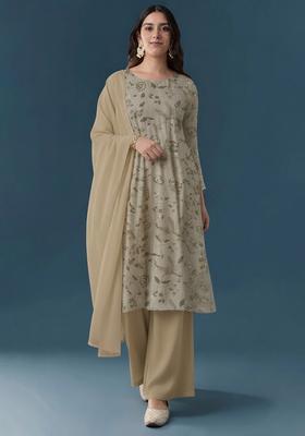 Sage Green Floral Print Linen A Line Kurta Set