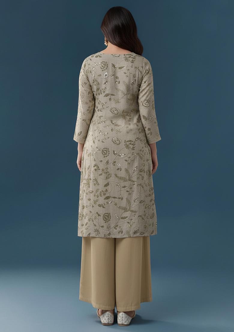 Sage Green Floral Print Linen A Line Kurta Set - Indya