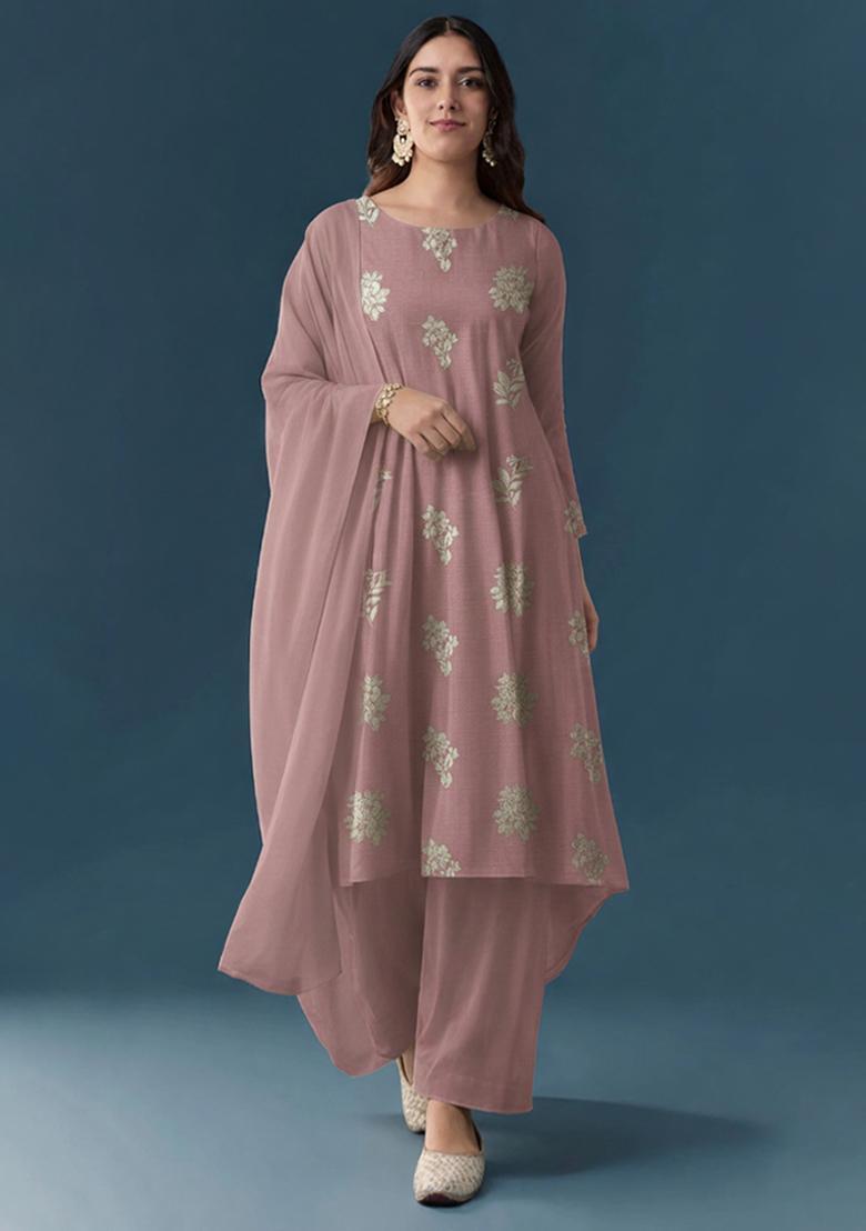 Mauve Pink Embroidered Linen Pakistani Suit Set - Indya