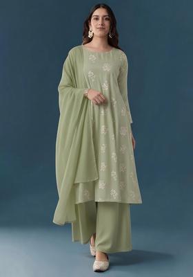 Sage Green Embroidered Linen Straight Kurta Set