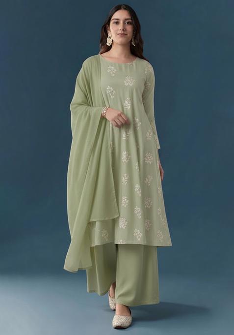 Sage Green Embroidered Linen Straight Kurta Set