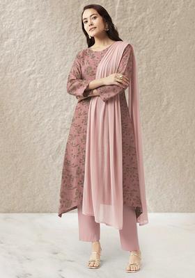 Dusty Rose Floral Print Linen Straight Kurta Set