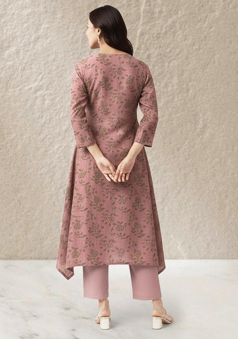 Dusty Rose Floral Print Linen Straight Kurta Set - Indya