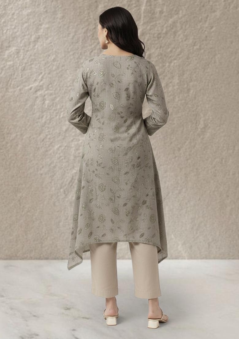 Grey Printed Linen Straight Kurta Set - Indya