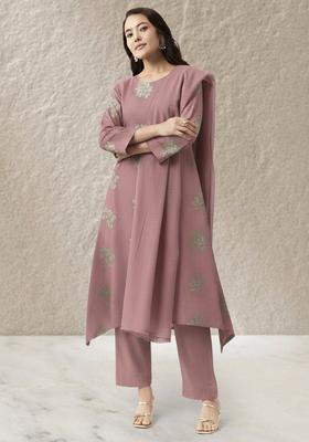 Pink Embroidered Linen Straight Kurta Set