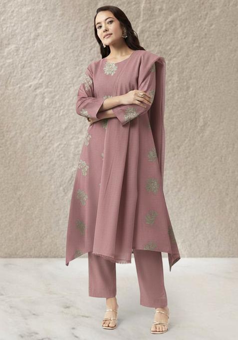 Pink Embroidered Linen Straight Kurta Set