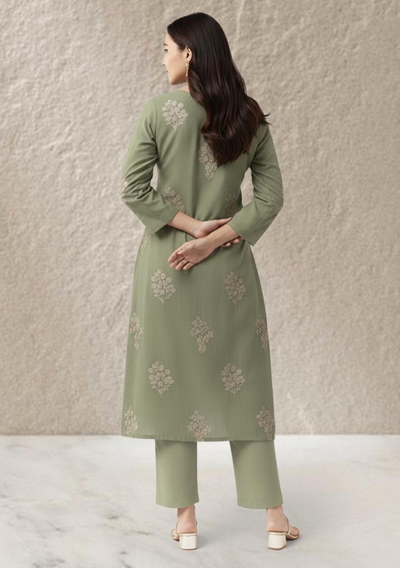 Olive Green Embroidered Linen Straight Kurta Set - Indya