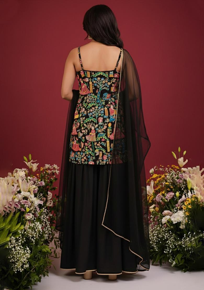 Black Printed Crepe Fusion Set - Indya