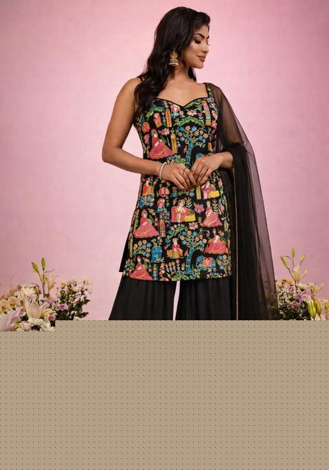 Black Printed Crepe Fusion Set