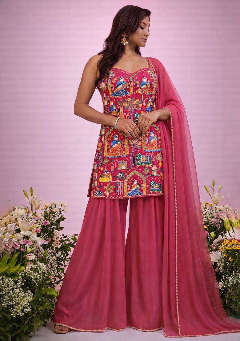 Rani Pink Printed Crepe Fusion Set - Indya